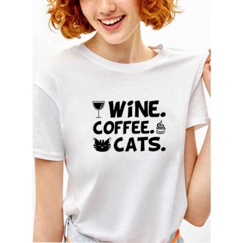 Wine Coffee Cats Print Short Sleeve Cotton T Shirt Women round Christmas Tshirt Women Loose Tee Shirt Femme Casual T-shirt Women