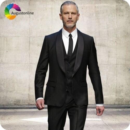 Black Mens Classic Suits for Wedding Shawl Lapel 3Piece Slim Fit Groom Tuxedo Terno Masculino Costume Homme Mariage Male Blazer