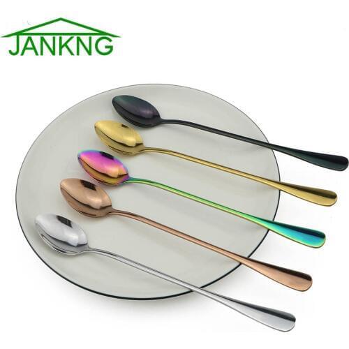 JANKNG 4 Pcs/set Long Handled Coffee Teaspoons Stirring Spoon Stainless Steel Ice Cream Spoon Bar Drink Cocktail Mixing Spoon