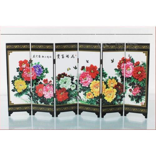 Mini ) Exquisite Chinese Classical Lacquer Painting Folding Screen of Beautiful Blooming Peony Flowers