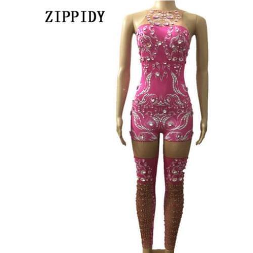 Fashion Sexy Sparkly Rhinestones Pink Jumpsuit Birthday Celebrate Costume Female Singer Bodysuit Performance Dance Wear