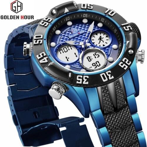 GOLDENHOUR Mens Sport Watches Full Steel Waterproof Military Digital Watch Casual Business Quartz Wrist Watch Relogio Masculino