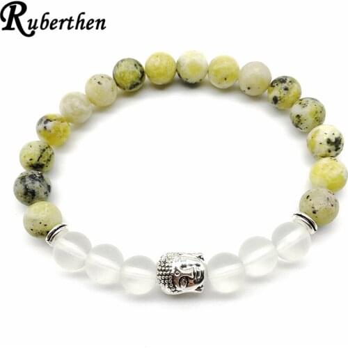 Ruberthen Men`s Matte Clear Quarz Bracelet Wrist Mala Buddha Bracelet New Design Yellow Howlite Energy Healing Jewelry