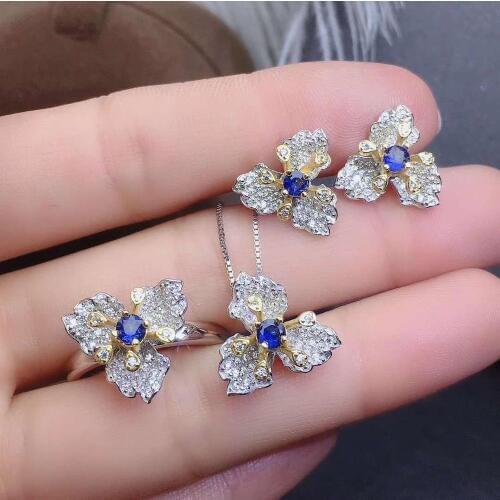 Real Natural Sapphire jewelry set Natural Real Sapphire 925 sterling silver 1pc pendant,1pc ring,2pcs Earring
