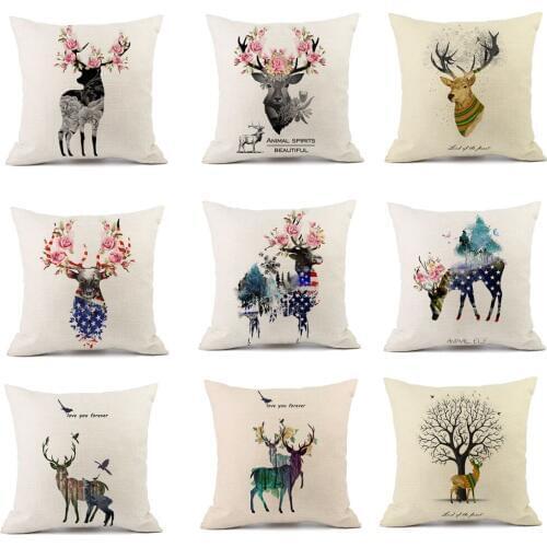 Deer Head Flower Cute Animal Pillowcase Cotton and Linen Pillow Cushion Printing Decoration DDD52