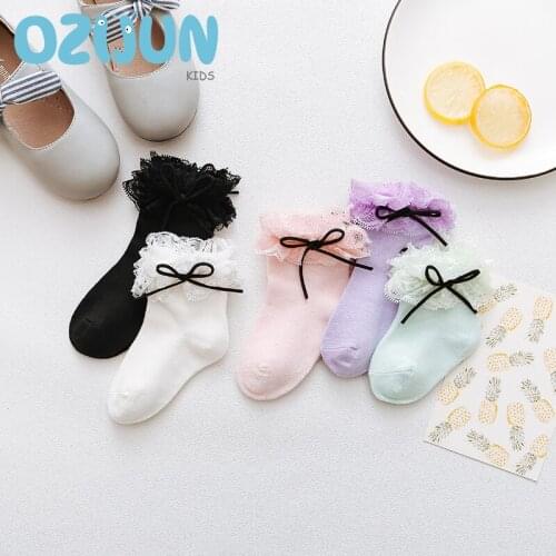 New Arrivals 2020 Spring Kids Girls Leather Ribbon Bow Lace Short Socks 0-8 Kids Girls Cotton Lace Socks For Children Girls