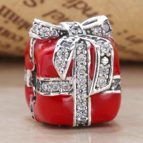 Original Red Enamel Gift box With Crystal Beads Fit 925 Sterling Silver Bead Charm Pandora Bracelet Bangle DIY Jewelry