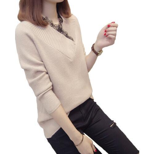 Autumn and winter sweaters female 2020 new loose hood short sweater V-neck lace long-sleeved bottoming shirt coat Womens tops