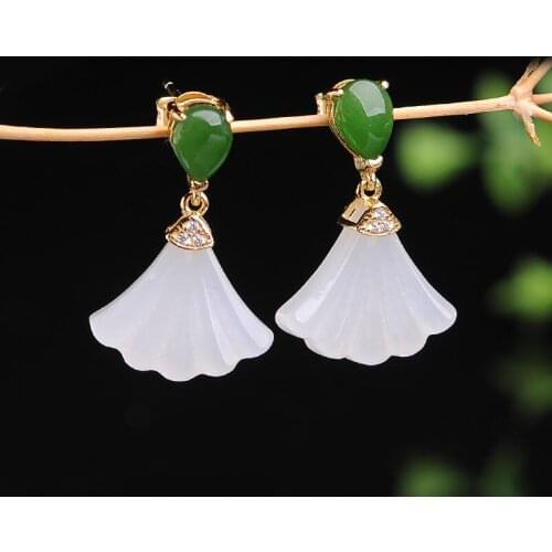 Silver inlaid natural Hetian white jade fan Earrings Chinese style retro fresh FAIRY CHARM Christmas Halloween Gift
