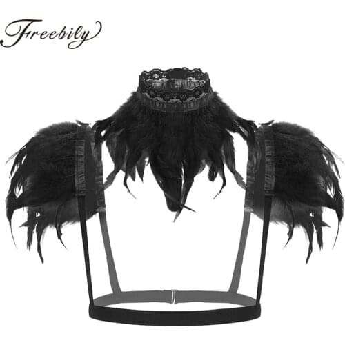 Womens Gothic Victorian Natural Feather Shrug Shawl Shoulder Wrap Cape with Collar for Halloween Costume Party Stage Dancewear