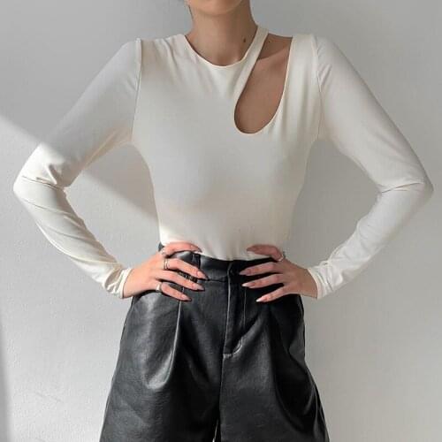 Women long sleeve t shirt cotton sexy hollow out t shirt black crop top long sleeve white crop top shirt round neck casual fall