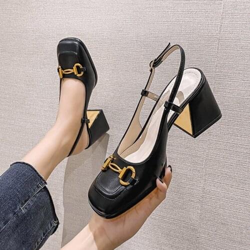 Womens Sandals 2021 New Summer Leather Pumps Women Shoes Casual Metal On Heels High Heels Office Lady Work Shoes