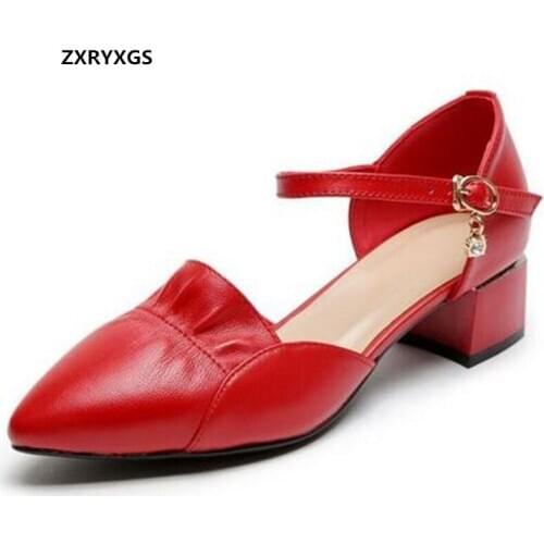 2021 New Summer Top Cowhide Pointed Side Air Summer Womans Sandals Shoes Fashionable Sandals Thick Heel Women Leather Sandals