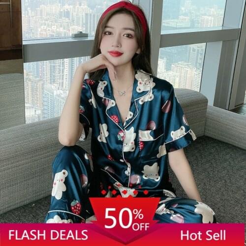 Women Pajamas Silk Spring and Autumn Thin Short-sleeved Trousers Simulation Silk Ladies Summer Home Service Pantsuits Pajamas