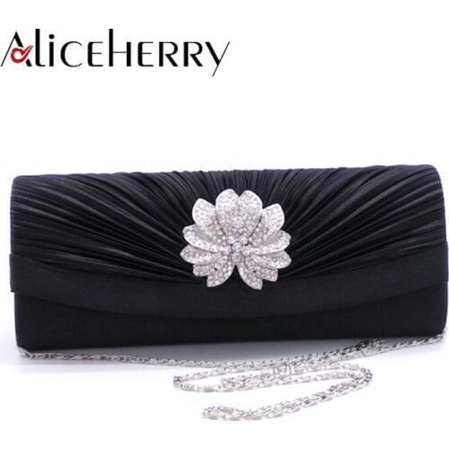 New Brand Women Satin Evening Bag Diamonds Day Clutch Chain Silver Red Long Purse For Bridal Wedding Hand Bags bolso