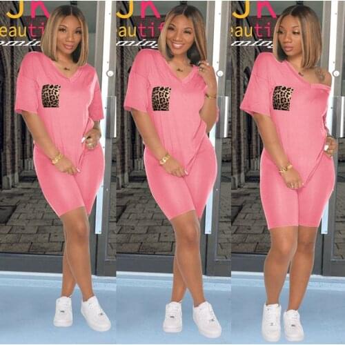 Two Piece Set Tracksuit Women Summer Clothes Leopard Pocket Top and Biker Shorts Sweat Suits Plus Size Outfits Matching Sets