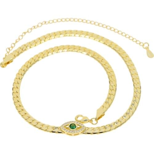 Women Layered Snake Chain Link Necklace Blade Chains With Green cz paved eye charm Pendant Sexy Choker Jewelry