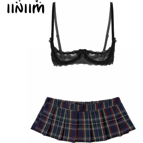 Women Nightwear Lingerie Set Sexy Role Play Costume Sheer Lace 1/4 Cups Push Up Underwire Bra Tops with Plaid Pleated Mini Skirt