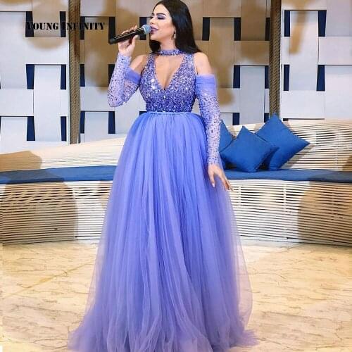 New Arrival Blue A Line Long Prom Dress 2021 Off Shoulder Beading Crystal Tulle Puffy Skirt Elegant Saudi Arabia Lady Party