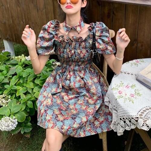 2021 Summer Vintage Kawaii Dress Women Floral Sweet Bandage Party Mini Dress Female High Street Casual Holiday Korean Dress New