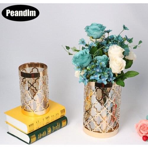 Peandim Europe Gold Flower Vase Geometric Shape Flower Holder Romantic Hollow Clover Candle Holder For Home Wedding Decor Gifts