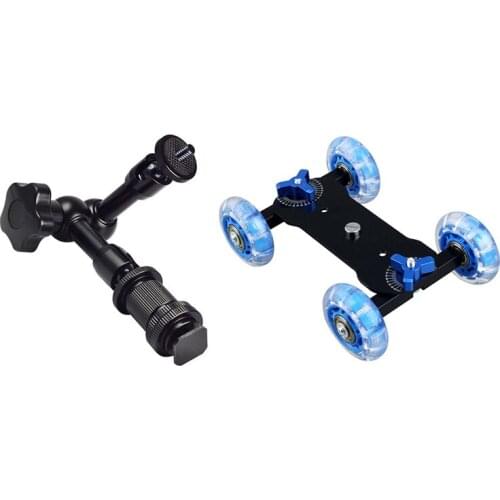 1 Pcs Table Top Dolly Mini Car Skater Track Slider & 1 Pcs 7 Inch Magic Arm with Hot Shoe Mounts 1/4 Inch Screw