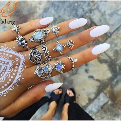Popular Vintage Lotus Turtle Blue White Set Crystal Ring Set For Women Midi Ethnic Boho Party Jewelry 11 Pcs/Set