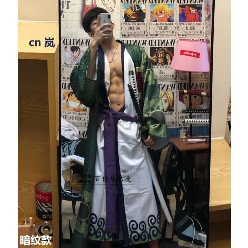 2021 Anime One Piece Roronoa Zoro Cosplay Costume Japanese Kimono Bathrobe Mens Party Uniform Suit Halloween Carnival Outfit