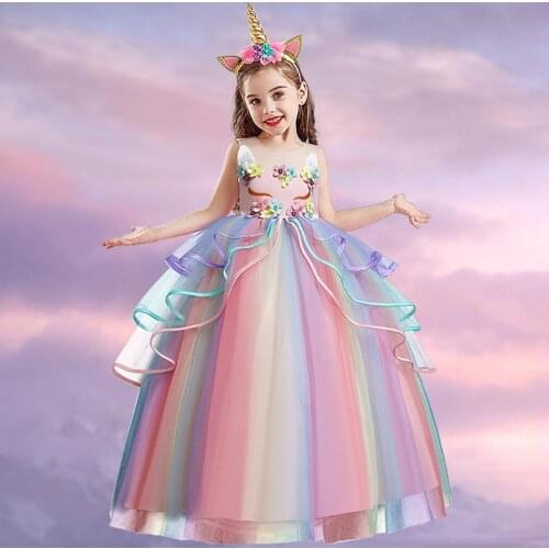2021 Teenager Girls Long Prom Gown Unicorn Mesh Cake Fluffy Princess Dress Halloween Festival Party Kids Costume Children Wear