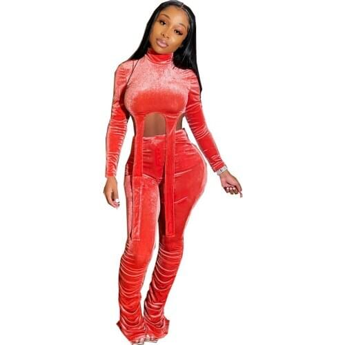 Velvet 2 Piece Set Womens Suit Festival Clothing Turtleneck Crop Top and Ruched Pant Suits Sexy Club Outfits Conjunto Feminino