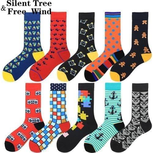 Large Men Size Dress Crew Socks Novelty Hip Hop Patchwork Sunglasses Clock Radio Plaid Dot Geometry Business Cotton Sock