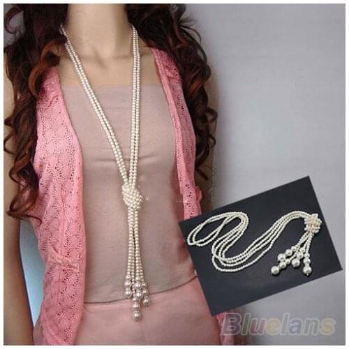 Fashion White Charms Artificial Chain Long Pearls Necklace 08OJ