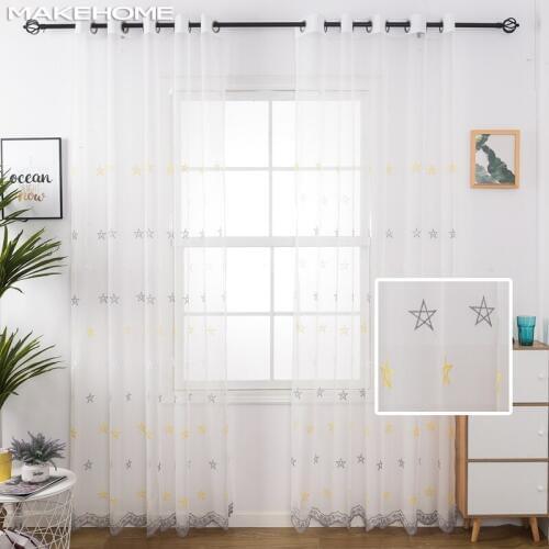 MAKEHOME Korean Style Two-color Star Embroidered Tulle Curtains for Kids Bedroom Living Room Blinds Window Modern Voile Tulle