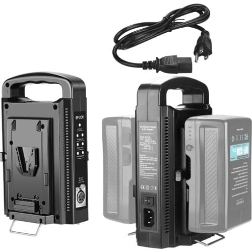 Dual-channel V-mount/V-lock battery charger with DC 16.5V power output, suitable for charging any V-type battery