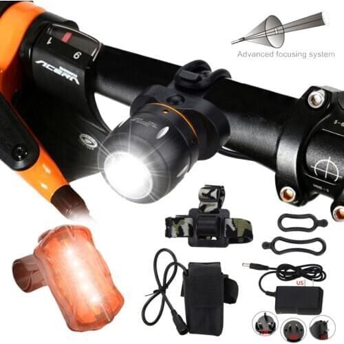 5000 Lm XM-L T6 LED Bike Lamp Zoomable Headlamp Adjustable Focus Front Bike Headlight with Battery Set and Rear Light
