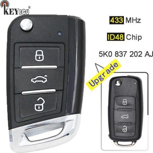 KEYECU 434MHz ID48 Chip 5K0 837 202 AJ Upgraded Remote Key Fob 3 Button for VW Volkswagen Caddy Polo Transporter Beetle Jetta