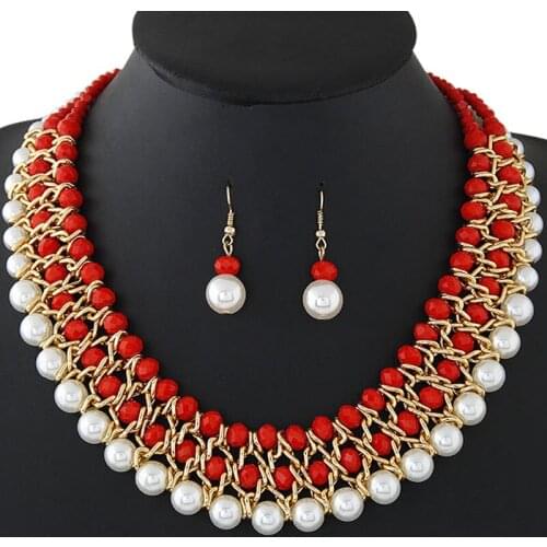 Fashion Women Multi Layer Imitation Pearls Artificial Crystal Pendants Bib Choker Necklace Drop Earrings Jewelry Sets for Women