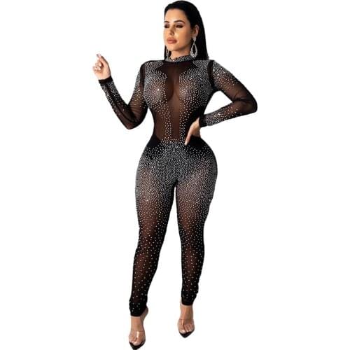 Luxury Rhinestone Sparkly Party Jumpsuit Women Long Sleeve Mesh See Through Sexy Romper Skinny Birthday Night Club Overalls Mono