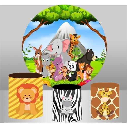 Round circle background birthday baby shower table party decor wild animals theme elastic fabric 3 cylinder plinths cover YY-272