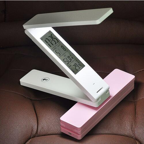 Eye Protection Dimmable Mini Portable LED Light With Calendar Alarm Colck Folding LED table Desk Lamp