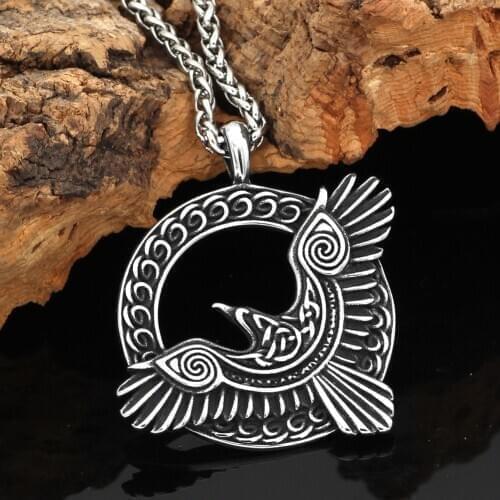 Norse viking Triple Horn of Odin raven Huginn and Muninn amulet Stainless steel rune pendant necklace with valknut gift bag