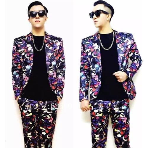 New Personality Mens Fashion Butterfly Flower Printed Suit Costumes Nightclub Male DJ dragon GD styles male singer suits