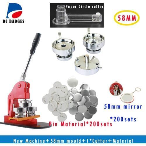 New Pro 2 1/4" 58mm Badge Press Machine + Circle Cutter+200sets Badge material+200sets mirror keychain
