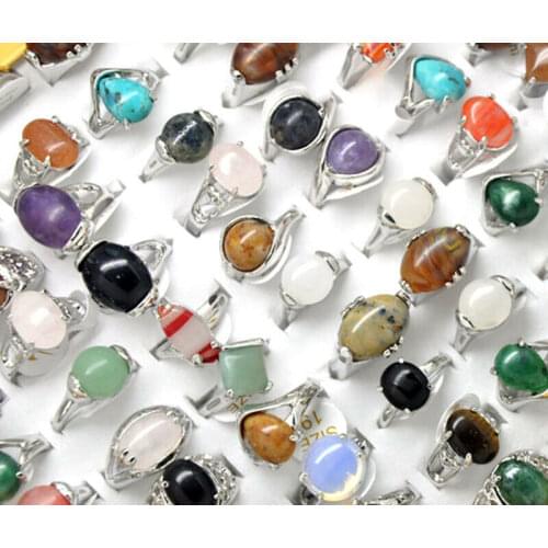 Wholesale 5Pcs Multicolors Nature Stone Silver Rings for Men Women Silver Plated Geometric Big Stone Wedding Finger Ring Lot