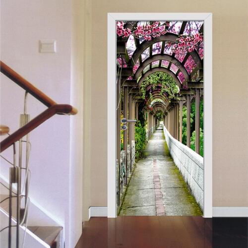 Pastoral Spatial Expansion 3D Flowers Gallery Door Sticker Living Room Bedroom Home Decoration Paste PVC Self-Adhesive Wallpaper