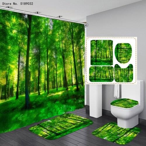 Landscape Bath Curtain Toilet Lid Cover Anti Slip Bathroom Rug Set 4pcs Forest Mountain Ocean View 3D Print Bathroom Decor Sets
