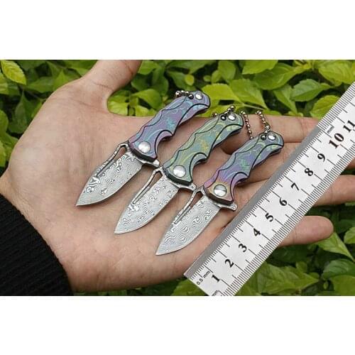 Three Styles Damascus Steel Mini Survival Folding Knife Outdoor Keychain Titanium Handle Pocket Knife Letter Opener Collection