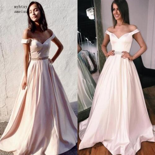 Sexy V-neck Off The Shoulder Sexy Court Train Crystal Beaded Sash Satin Evening Dresses Long Satin Party Gown For Prom