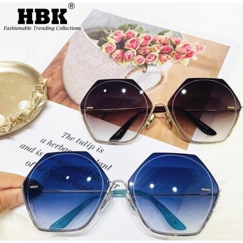 HBK Rimless Sunglasses Women 2021 Brand Design Gradient Vintage Luxury Blue Sun Glasses Men Fashion Hexagon Retro Eyewear UV400