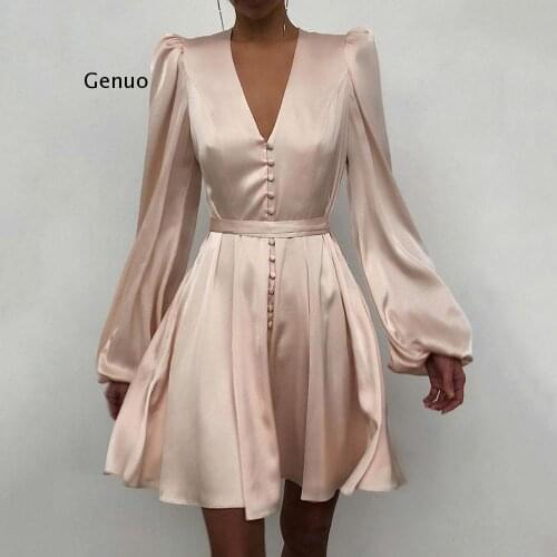 Spring Fashion 2021Elegant Women Satin Solid Long Sleeve Dress Button A-Line Mini Dress Casual Loose V-Neck Party Dress Vestido